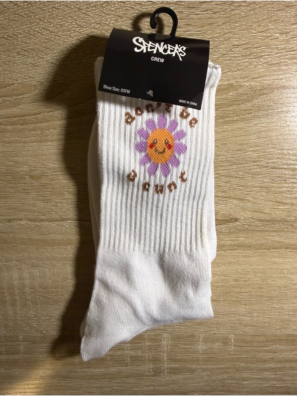 Spencer's White Crew Socks with Purple Daisy Smiley Sun